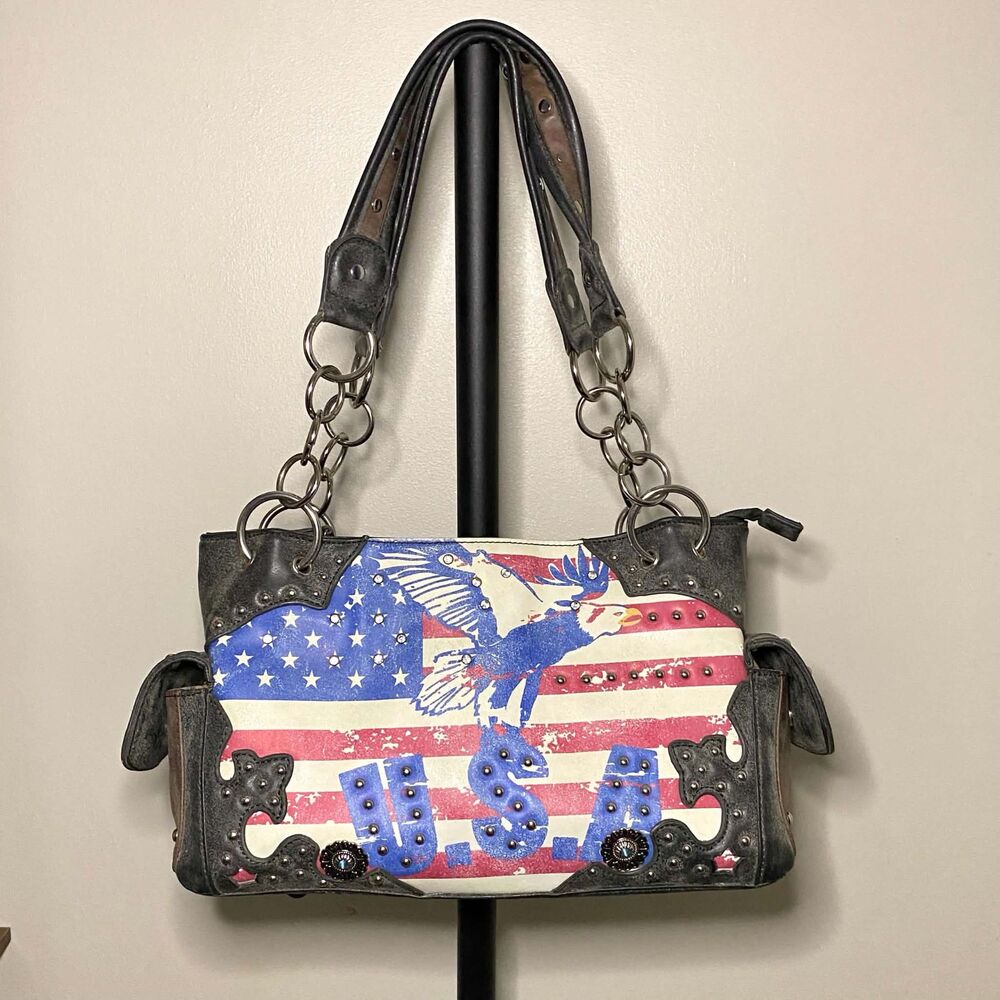 Conceal Carry Western USA Eagle Flag Studded Black & Brown Shoulder Bag